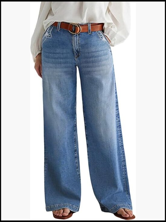 Denim - Wide Leg Baggy Jeans with Stitch Decor Denim Mid Waist